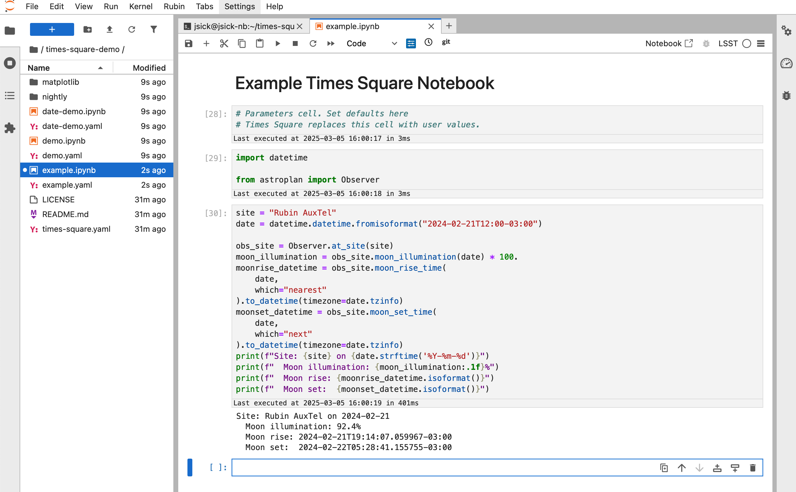 Screenshot of a notebook that computes the moon's illumination on a given date.