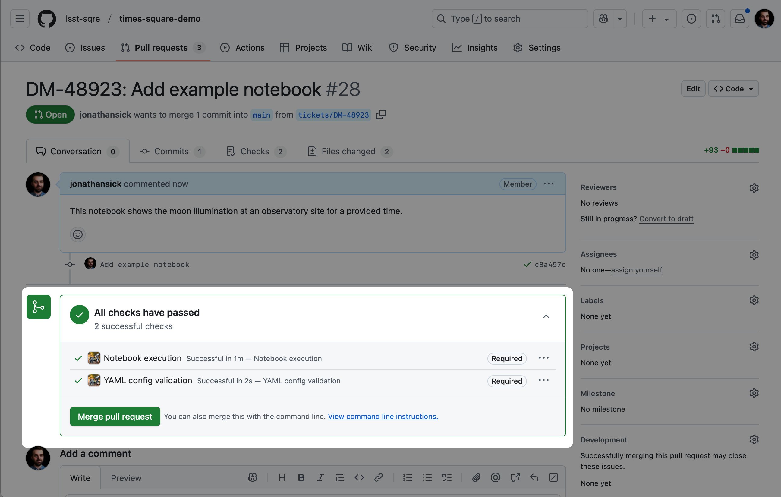 Screenshot of the status checks on a pull request, including the "Notebook execution" and "YAML config validation" checks performed by Times square.