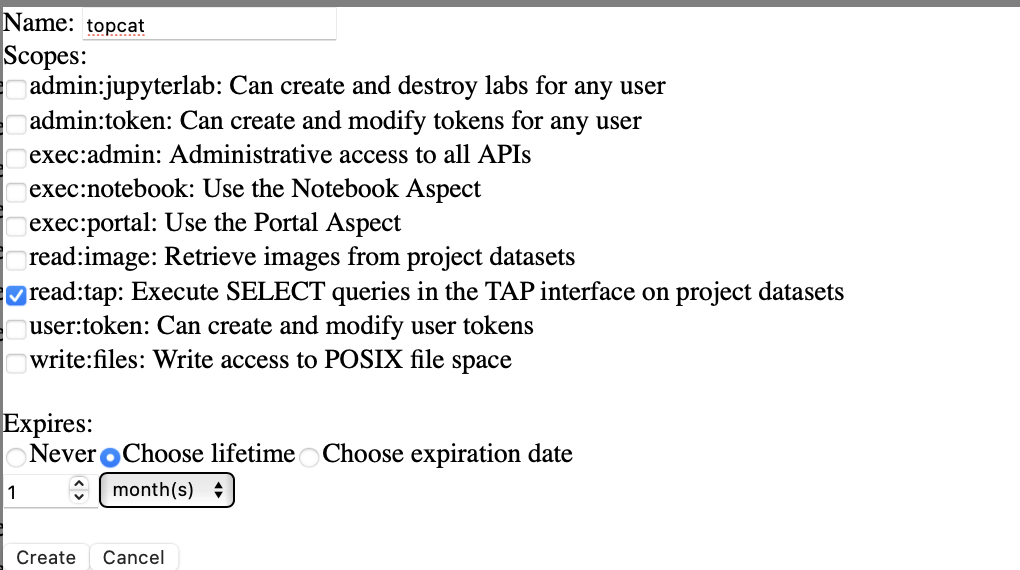 Create token dialog