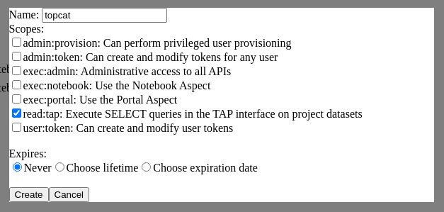 Create token dialog