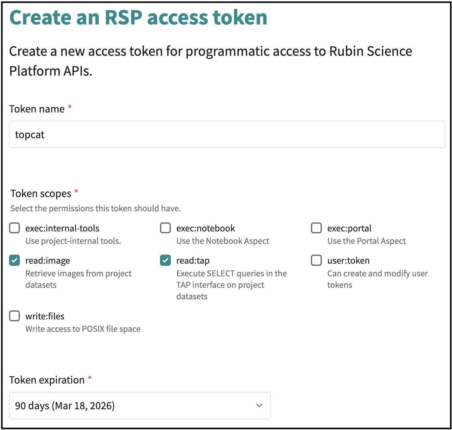 Create token dialog