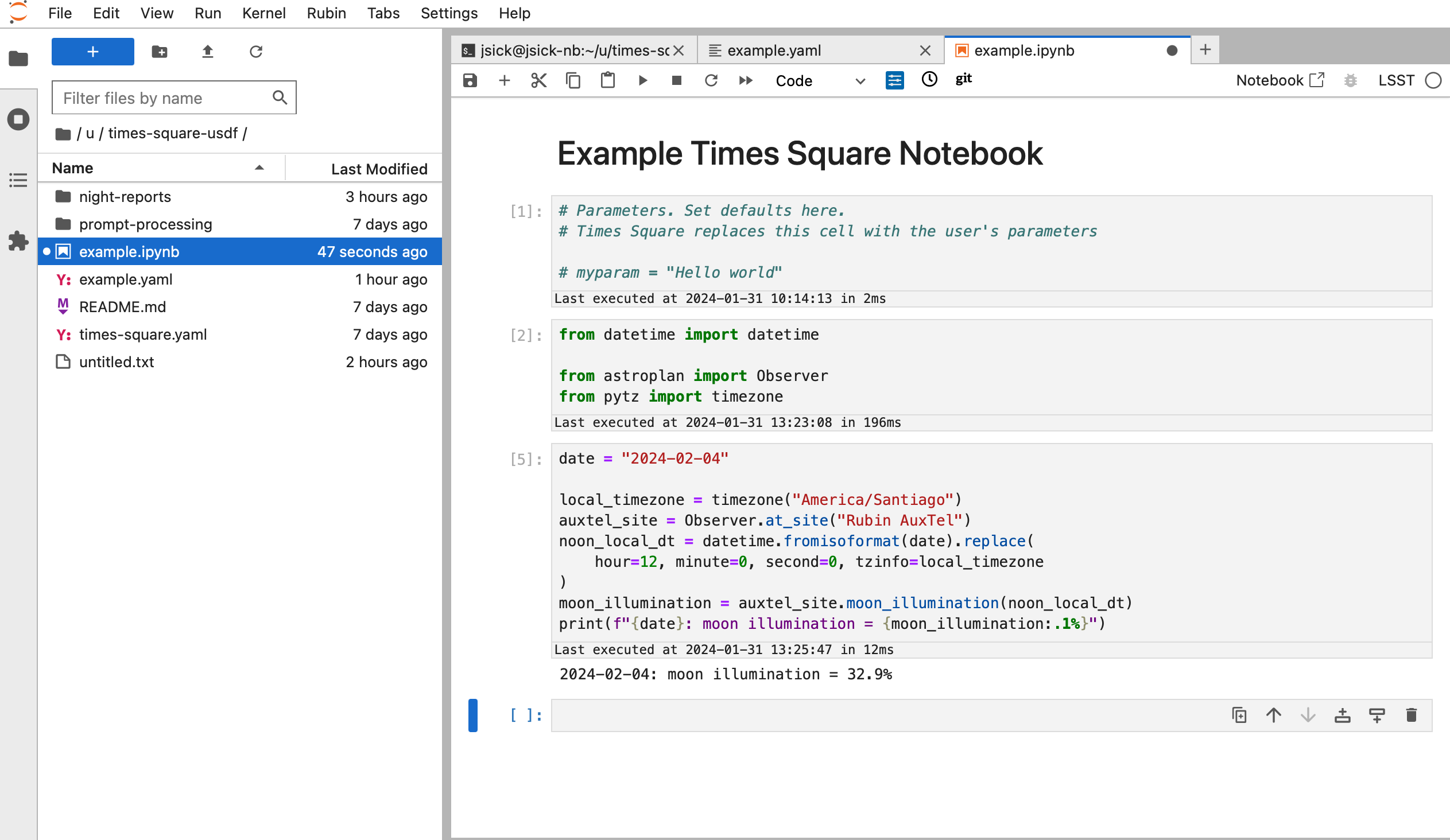 Screenshot of a notebook that computes the moon's illumination on a given date.