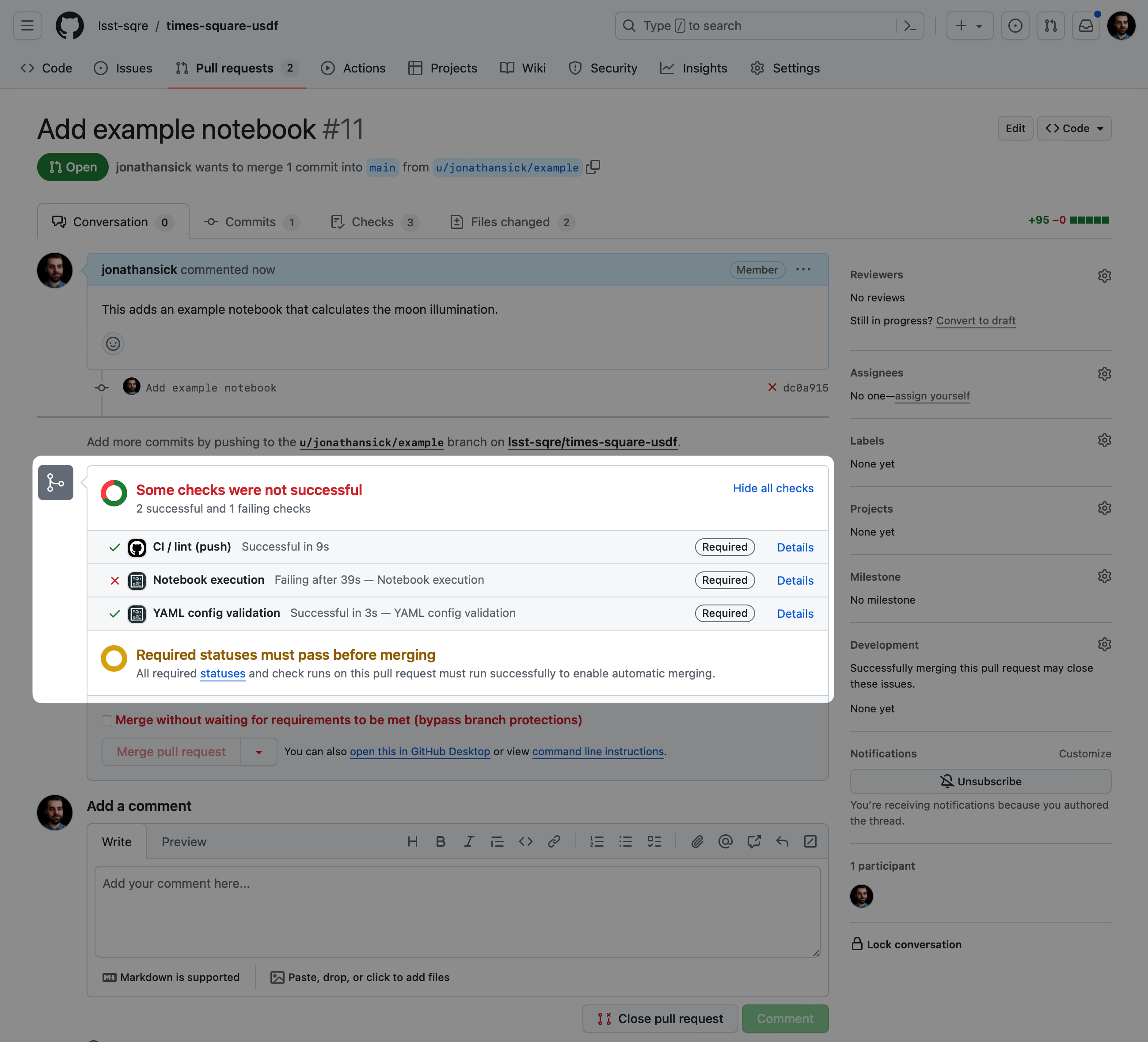 Screenshot of the status checks on a pull request, including the "Notebook execution" and "YAML config validation" checks performed by Times square.